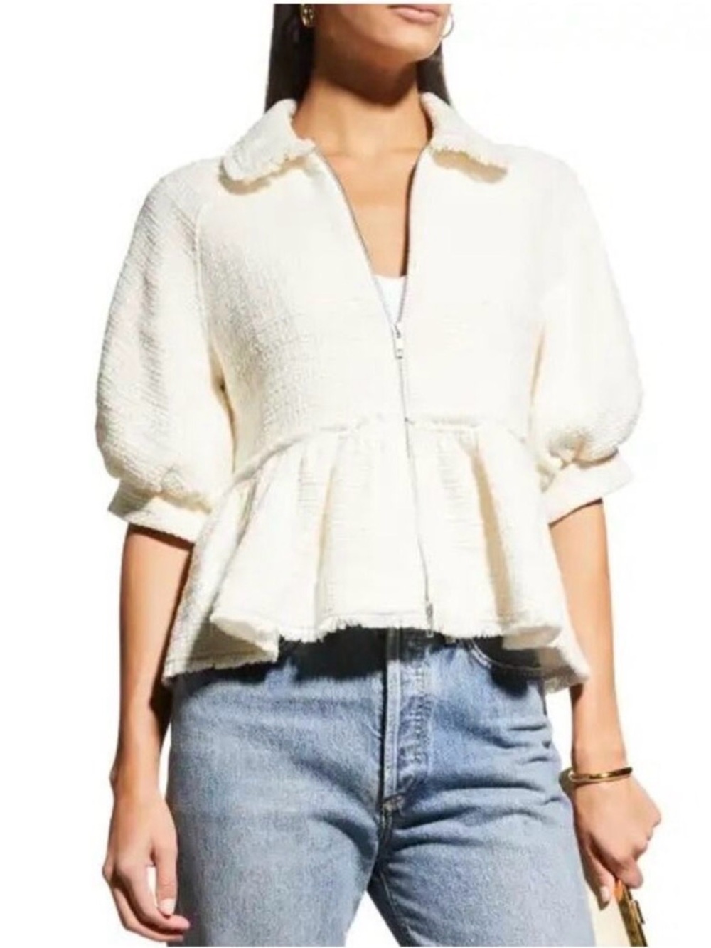 CINQ A SEPT Mavis Boucle Puffed-Sleeve Peplum Jacket Small Gardenia Cream B20